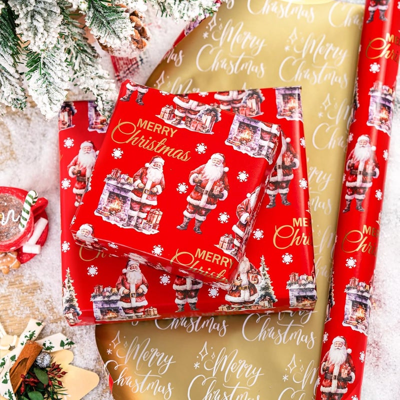 MAYPLUSS Christmas Wrapping Paper Roll - 17IN X 33FT - Red Gift Wrapping Paper Featuring Santa Claus Fireplace Against Red Reversible Merry Christmas for Kids, Holiday, New Year - Image 5